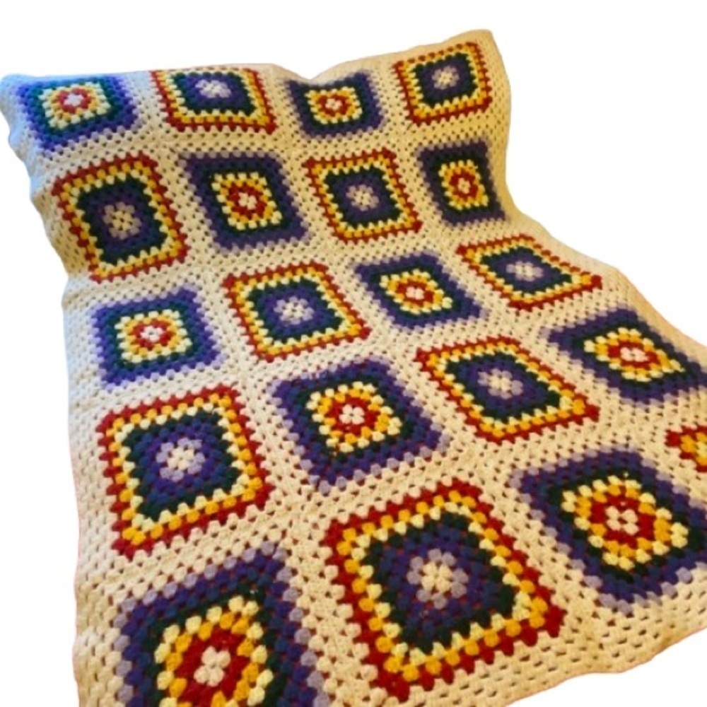 Vintage Crochet Granny Square Blanket Bedspread Quilt 50” x 60”